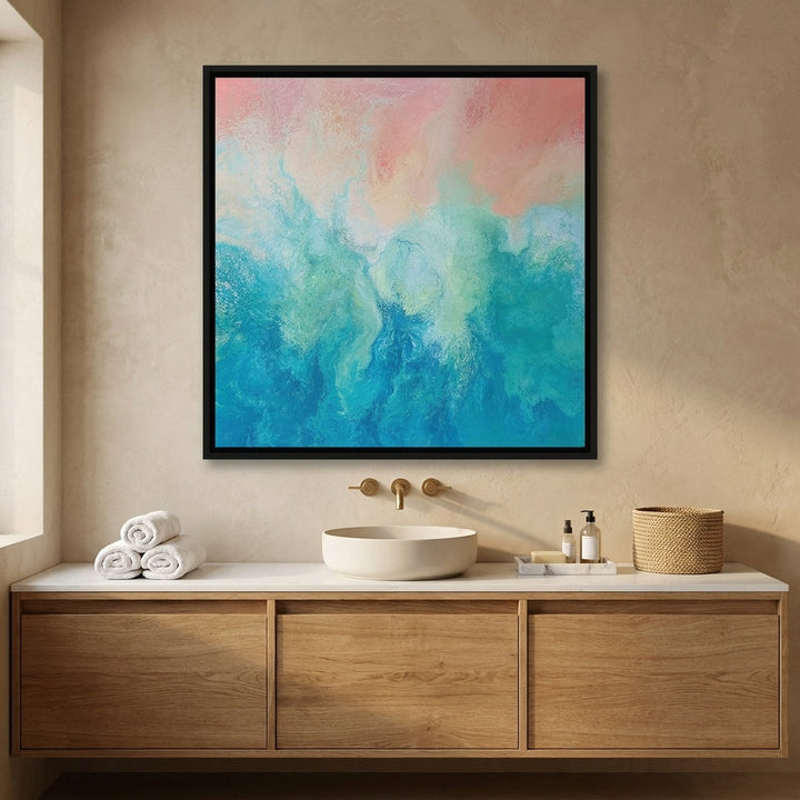 Canvas wall art with a black surround styled in a clean minimalist bathroom