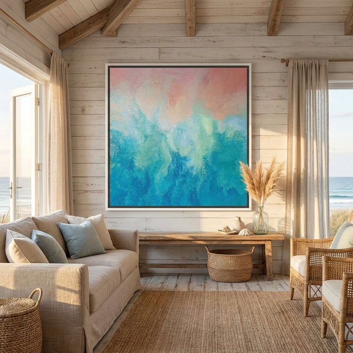 Oversized statement canvas wall art with a white surround styled in a sunny coastal beach house