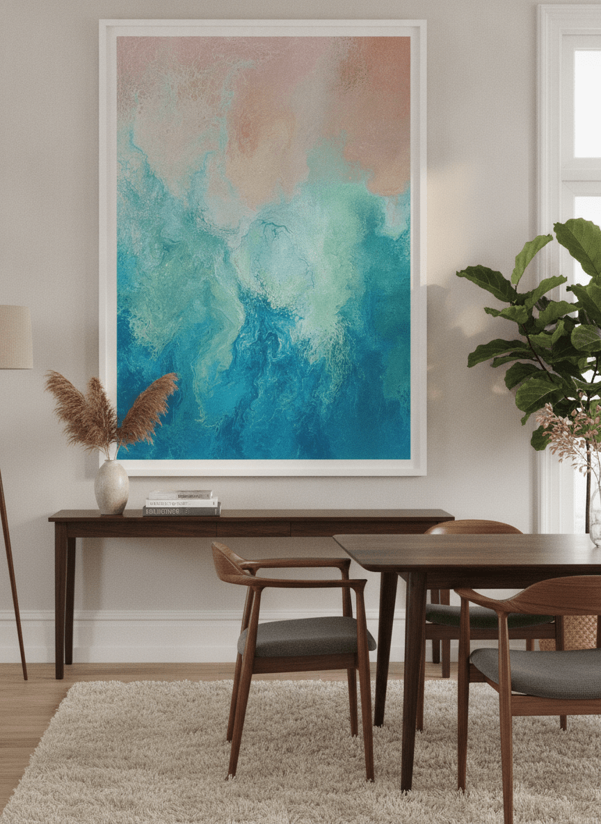 Monumental artwork centred on a feature wall in a luxe interior