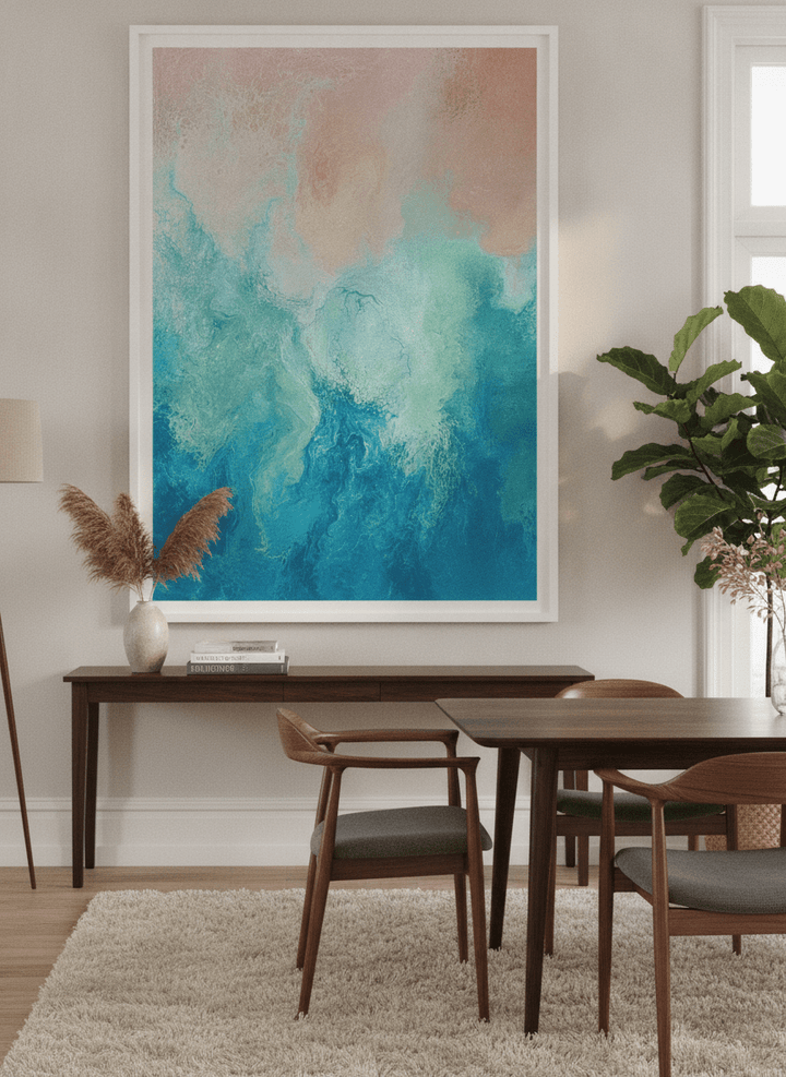 Monumental artwork centred on a feature wall in a luxe interior