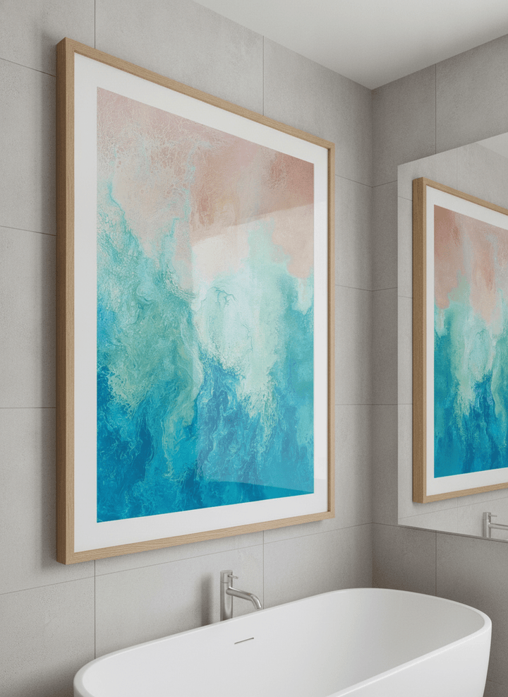 Modern print displayed in a clean minimalist bathroom setting