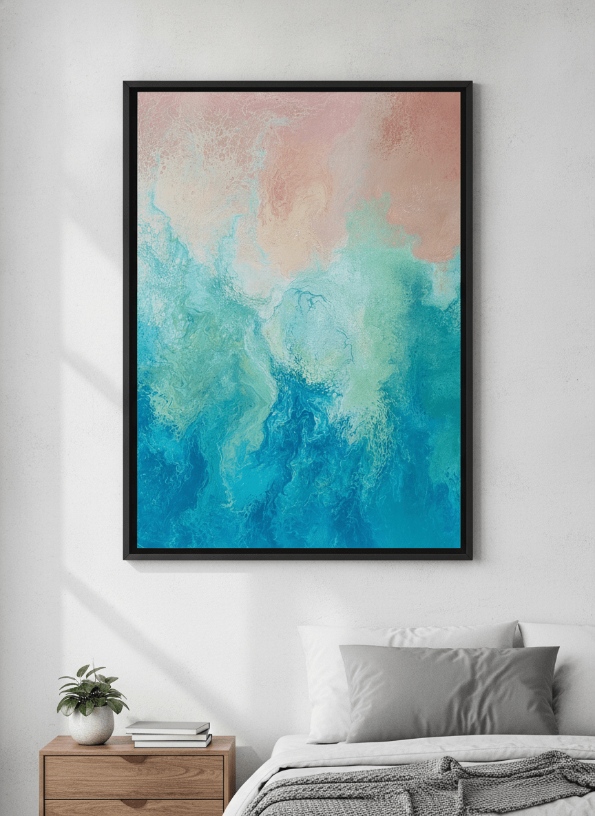 Minimalist artwork displayed in a calm, light-filled bedroom interior