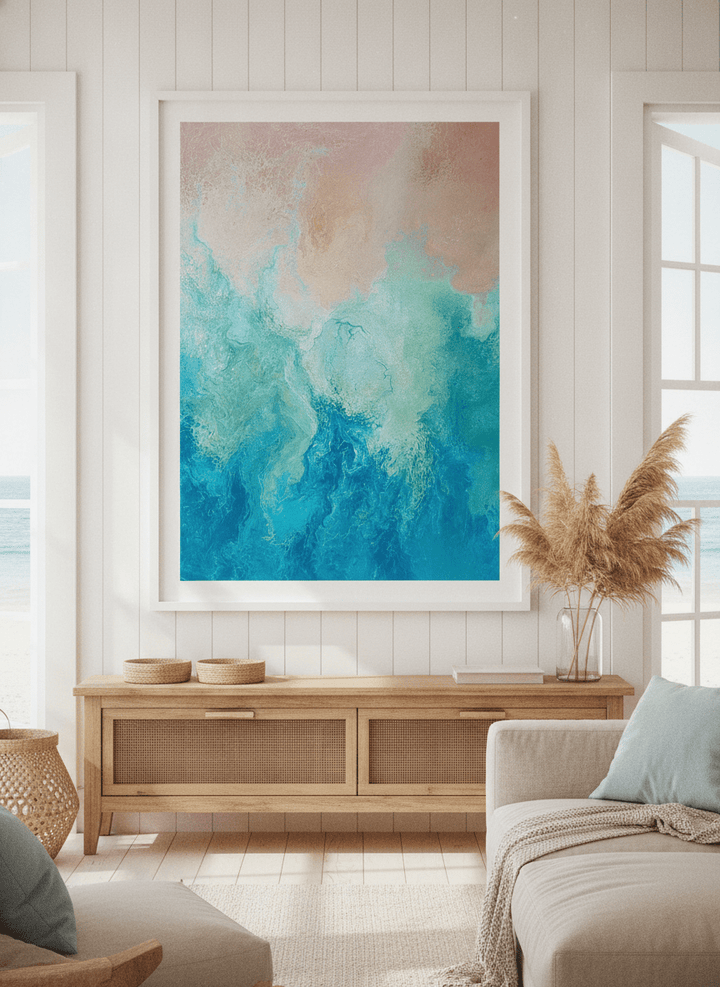 Neutral wall art displayed in a sunny coastal beach house