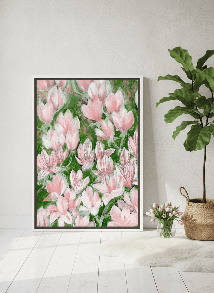 Canvas wall art with a white surround leaning against the wall in a bright Scandinavian bathroom