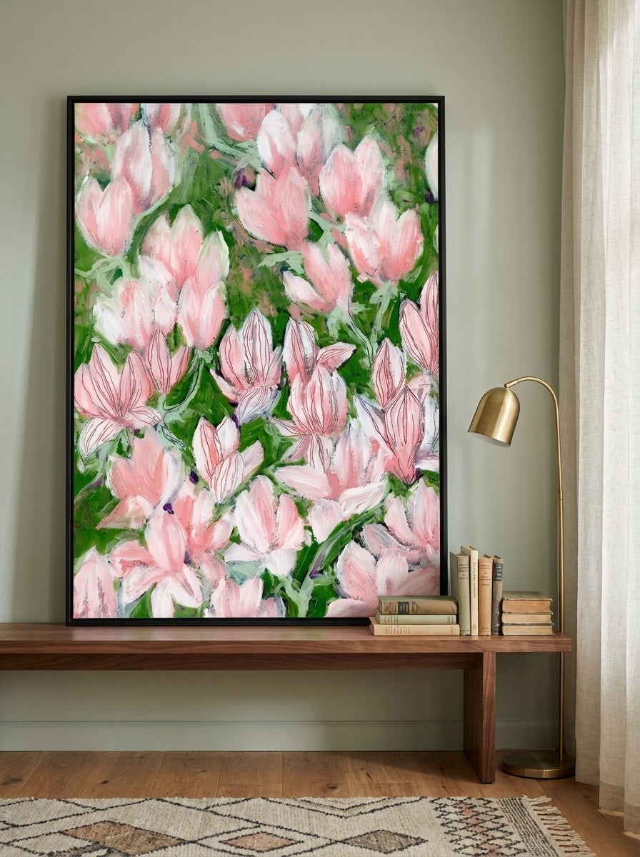 Canvas wall art with a black surround standing on a kitchen bench in a mid-century kitchen