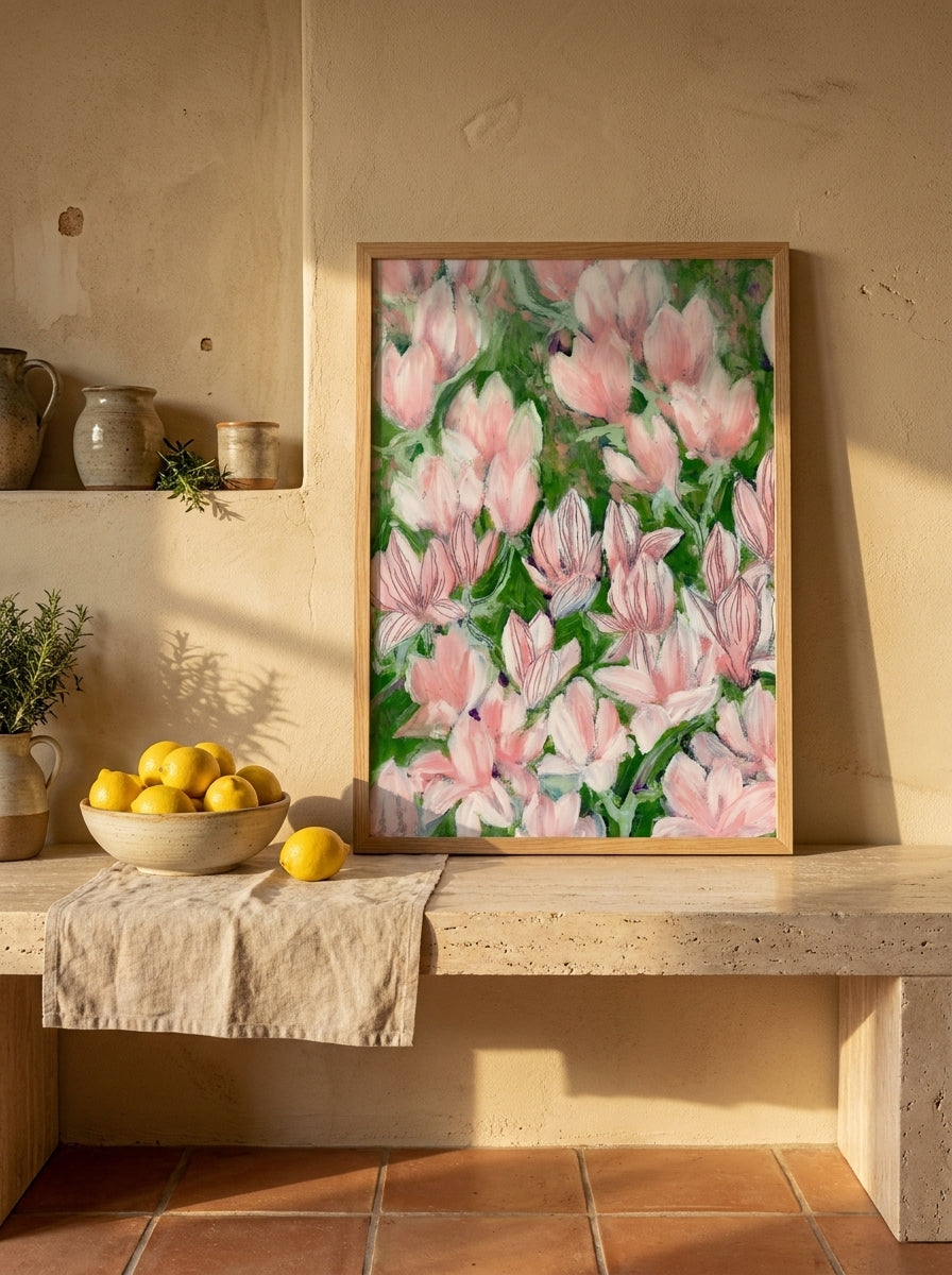 Modern wall art print standing on a kitchen bench in a Mediterranean kitchen