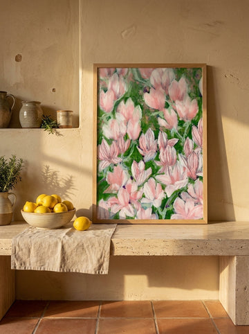 Modern wall art print standing on a kitchen bench in a Mediterranean kitchen