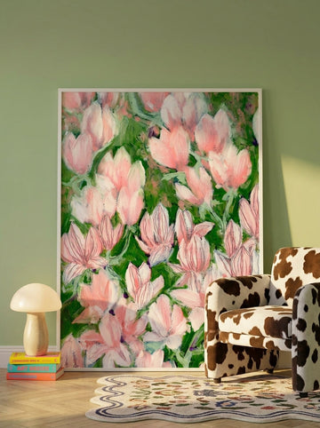 Oversized statement modern wall art print leaning against the wall in a colourful eclectic living room