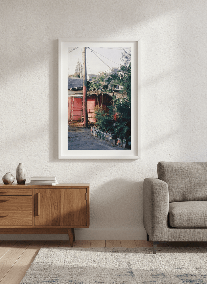 Artwork displayed above a credenza in a real-looking contemporary home