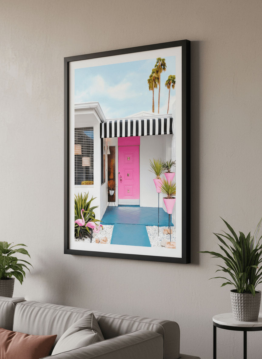 Modern wall art styled above a sofa in a neutral living room