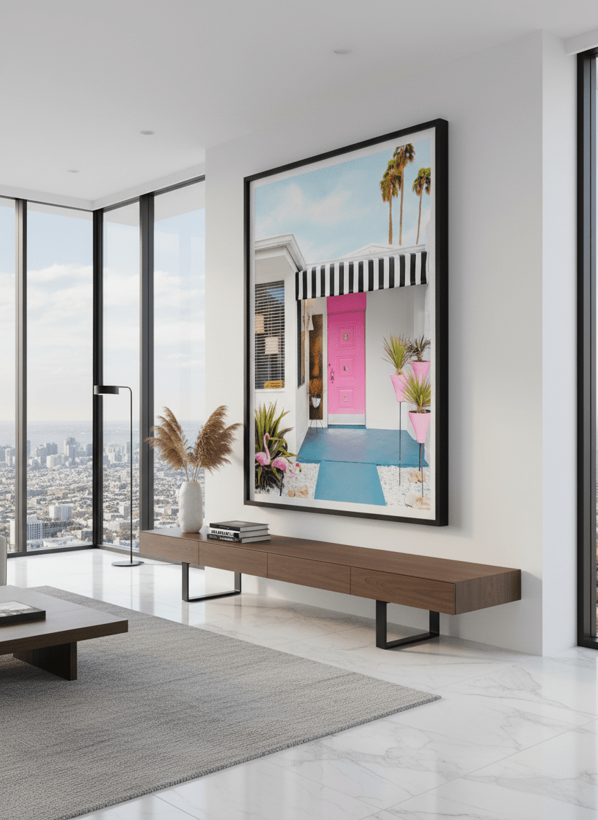 Monumental artwork centred on a feature wall in a luxe interior