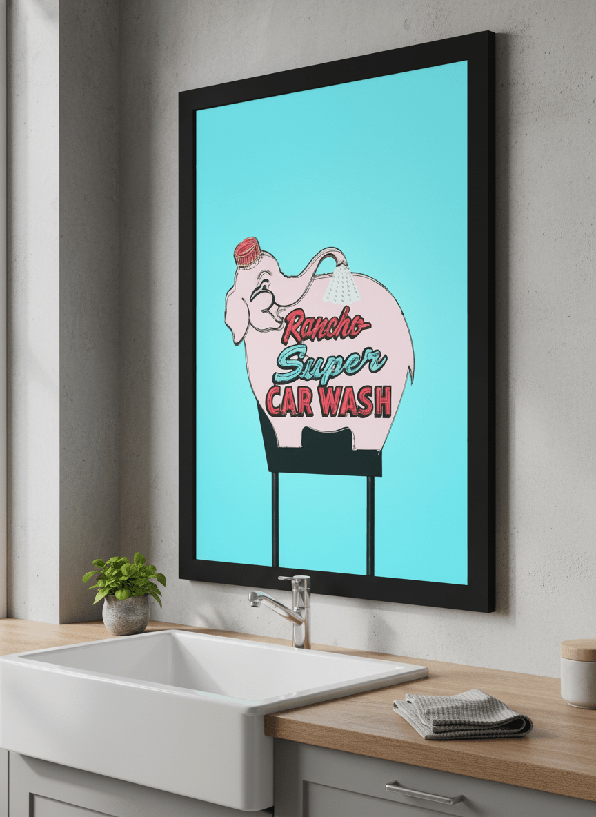 Artwork styled on the wall of a bright modern kitchen