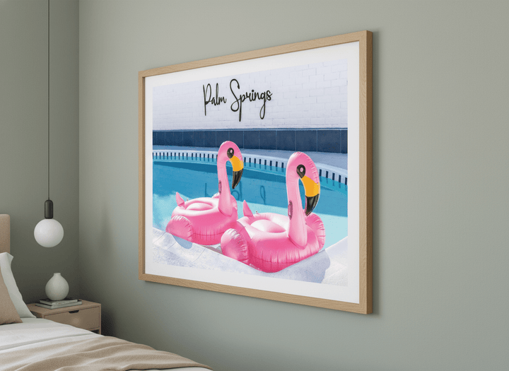 Minimalist artwork displayed in a calm, light-filled bedroom interior