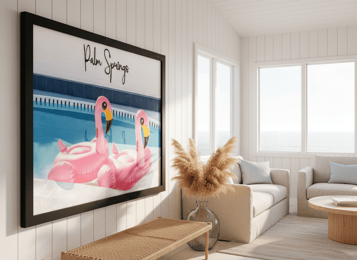 Neutral wall art displayed in a sunny coastal beach house
