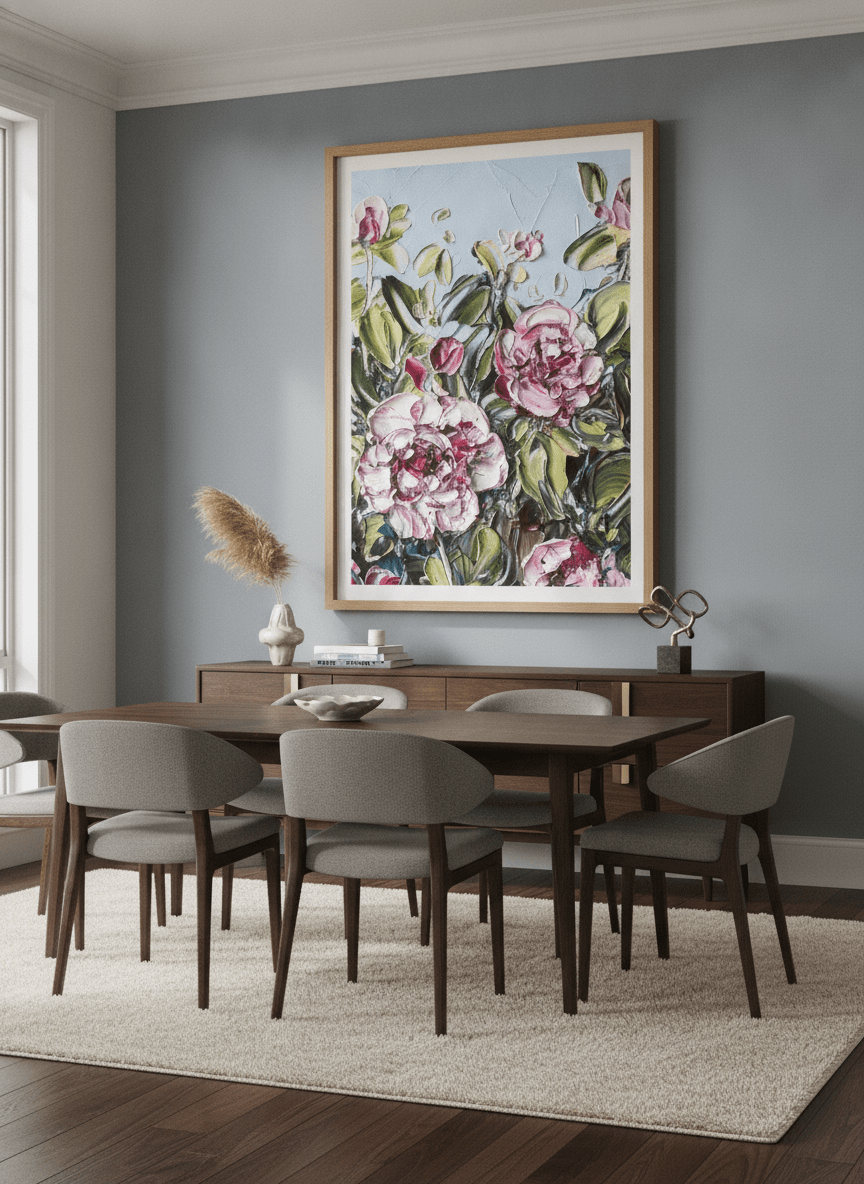 Monumental artwork centred on a feature wall in a luxe interior