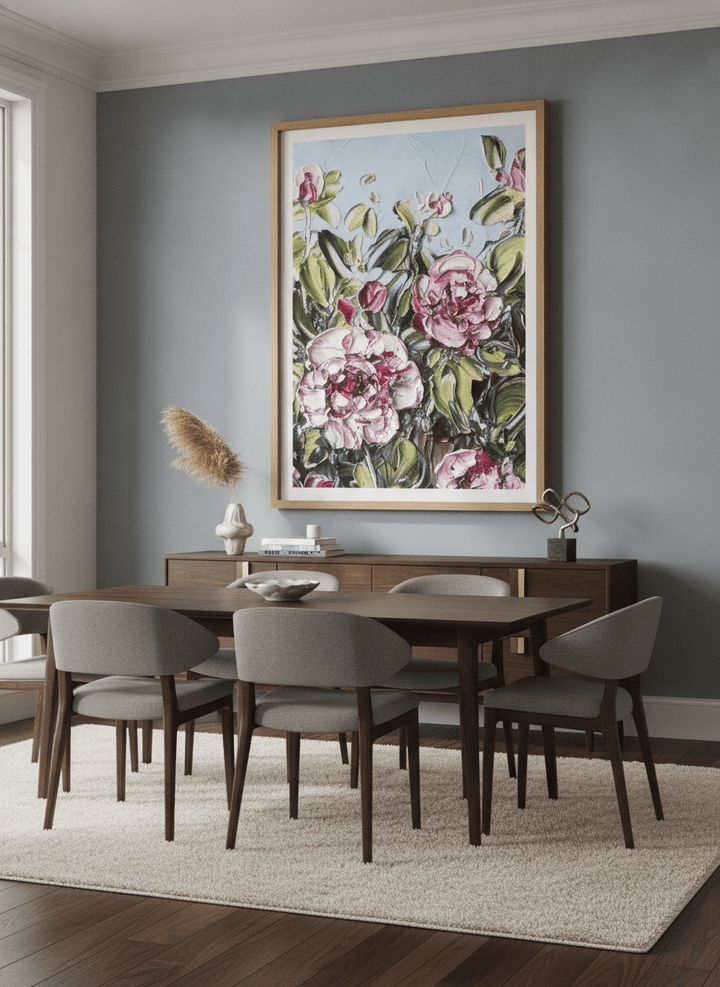 Monumental artwork centred on a feature wall in a luxe interior
