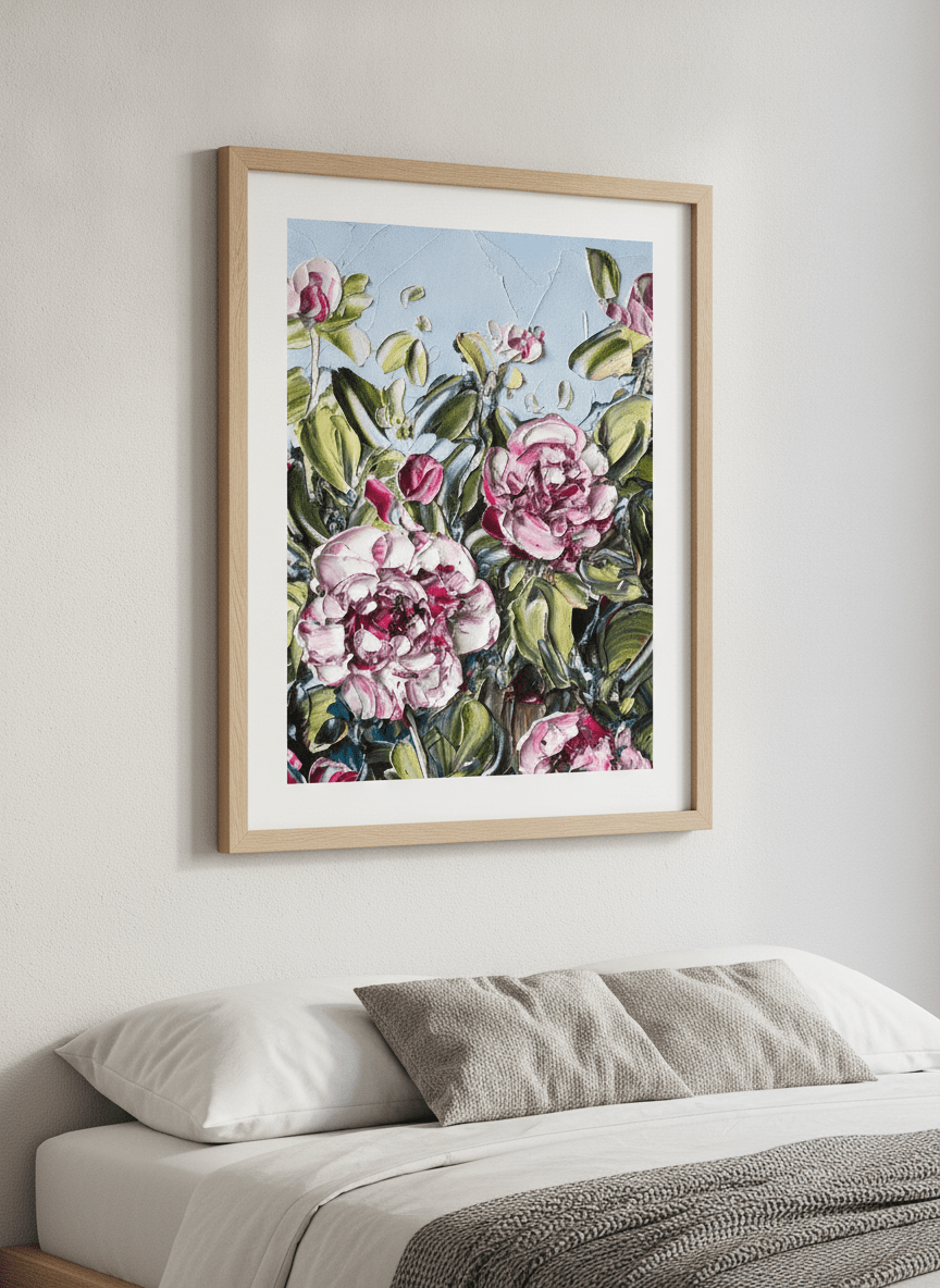 Minimalist artwork displayed in a calm, light-filled bedroom interior