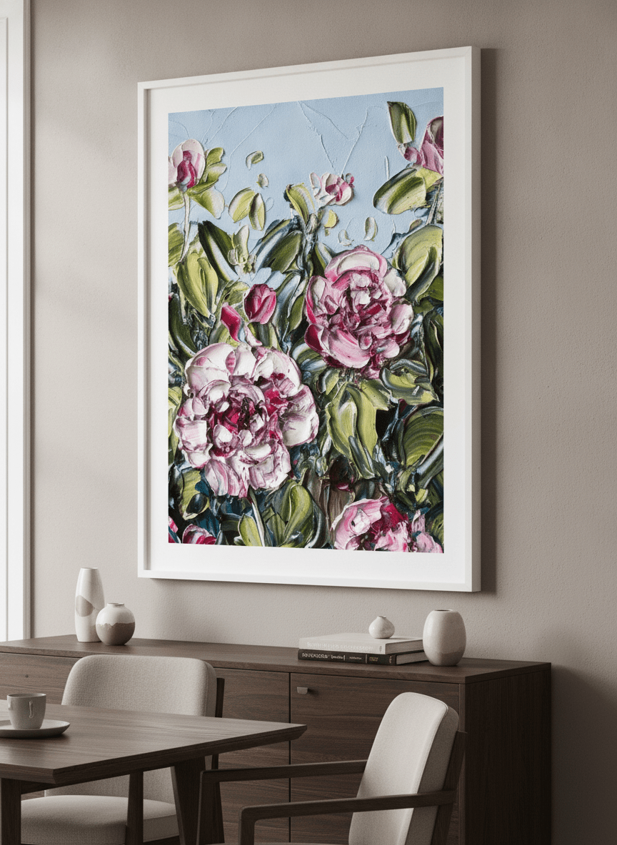 Wall art styled above a dining table in a contemporary home