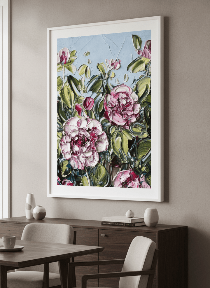 Wall art styled above a dining table in a contemporary home
