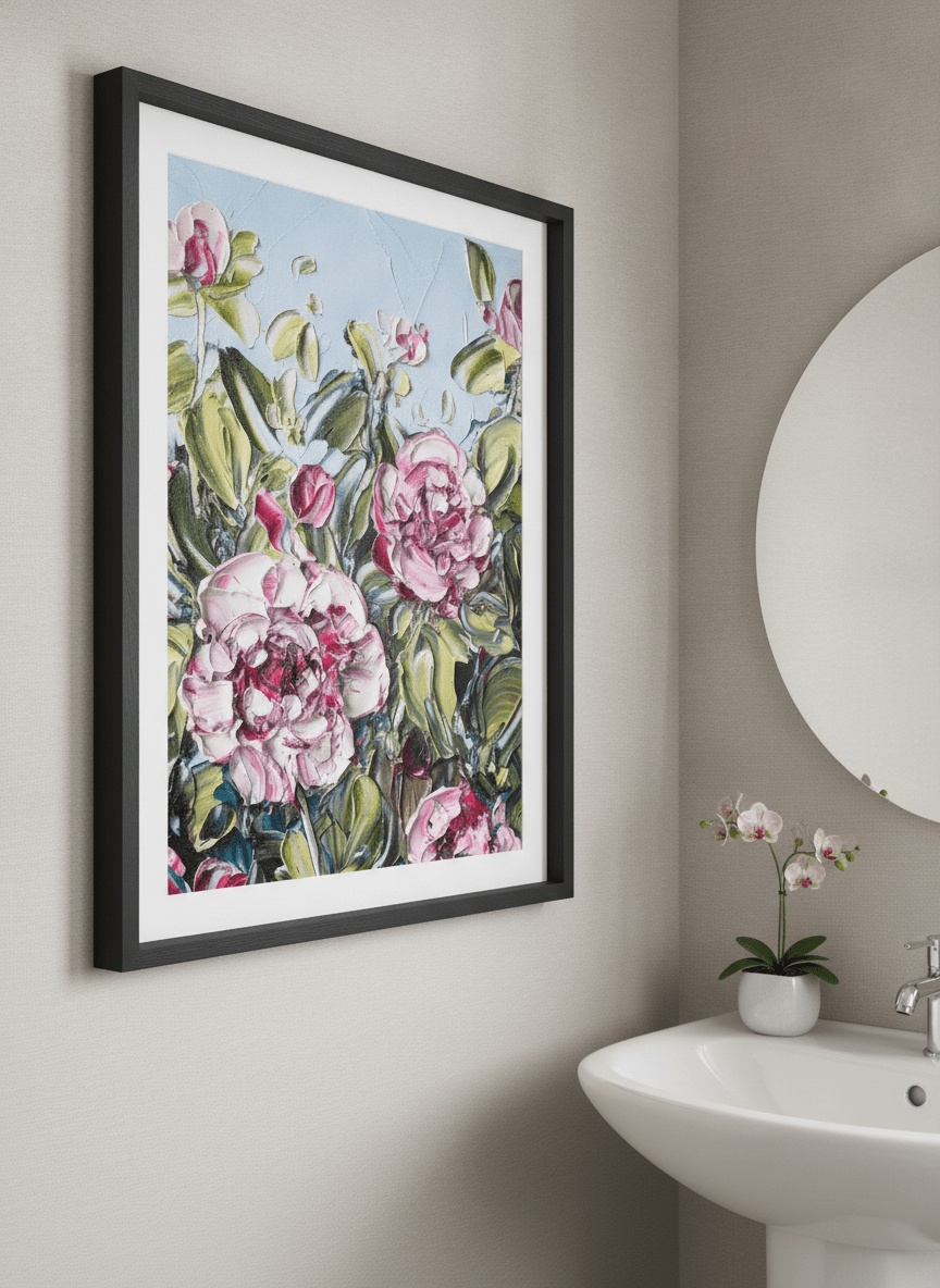 Modern print displayed in a clean minimalist bathroom setting