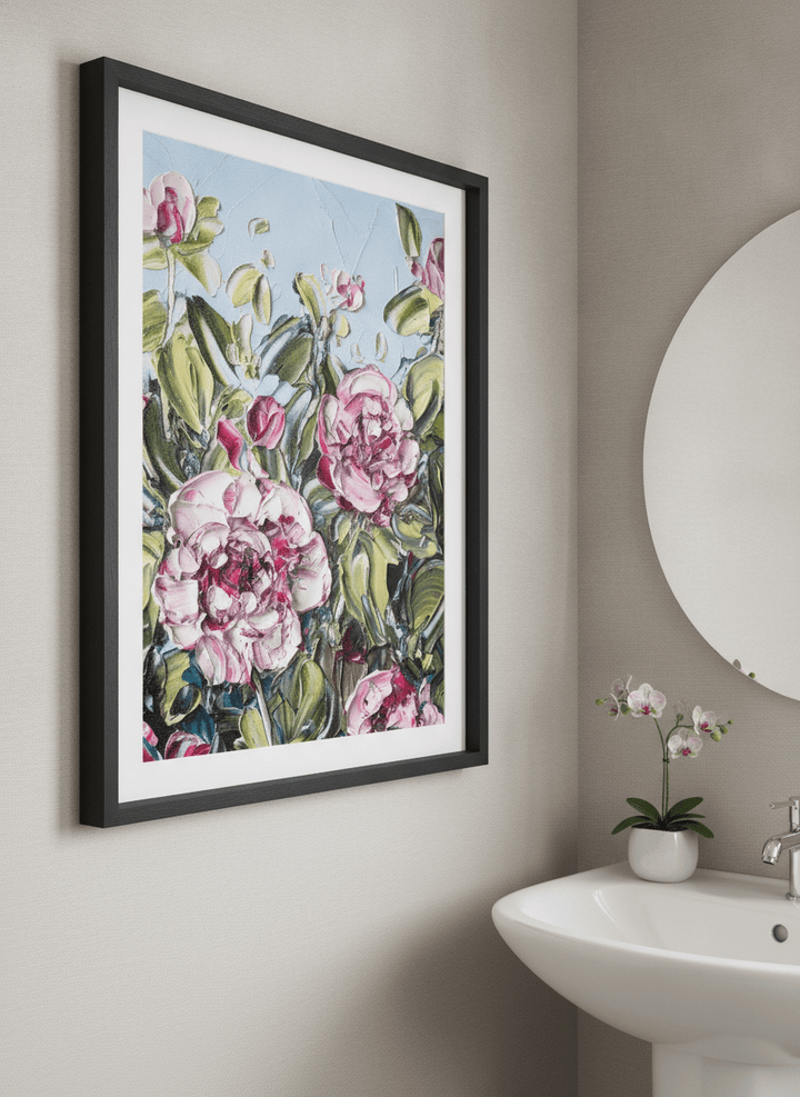 Modern print displayed in a clean minimalist bathroom setting