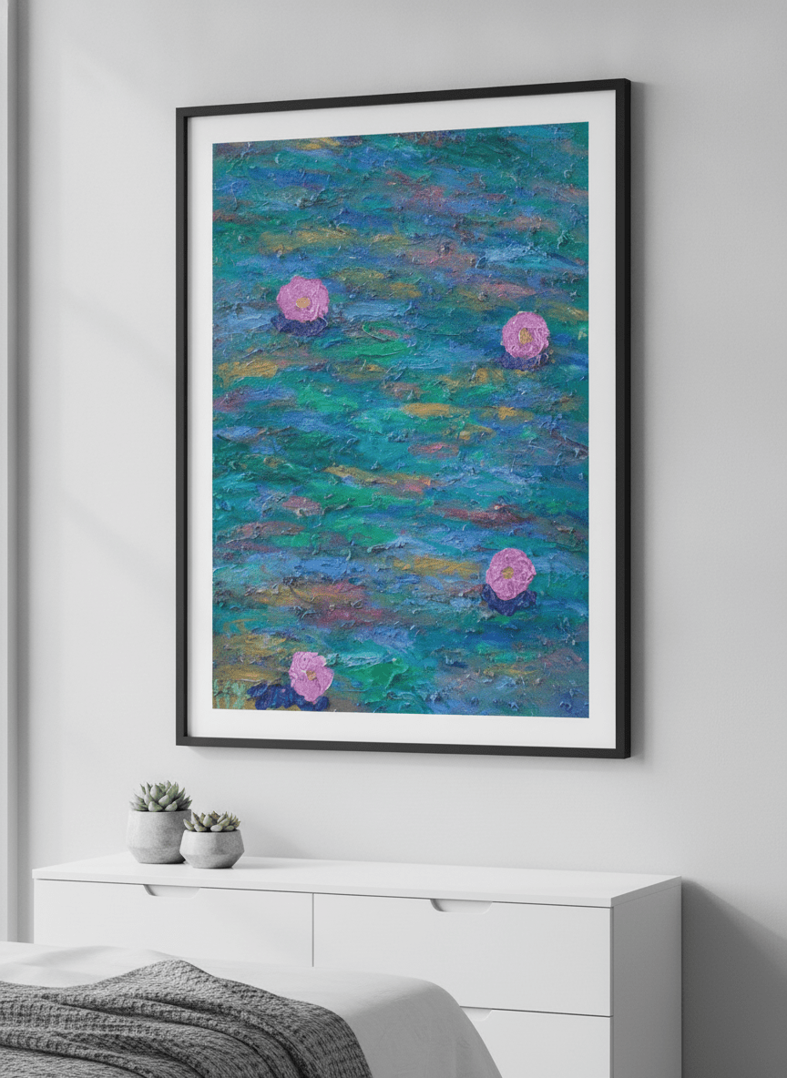 Minimalist artwork displayed in a calm, light-filled bedroom interior