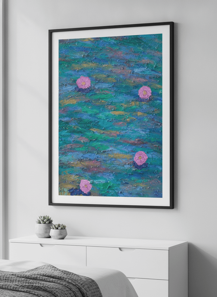Minimalist artwork displayed in a calm, light-filled bedroom interior