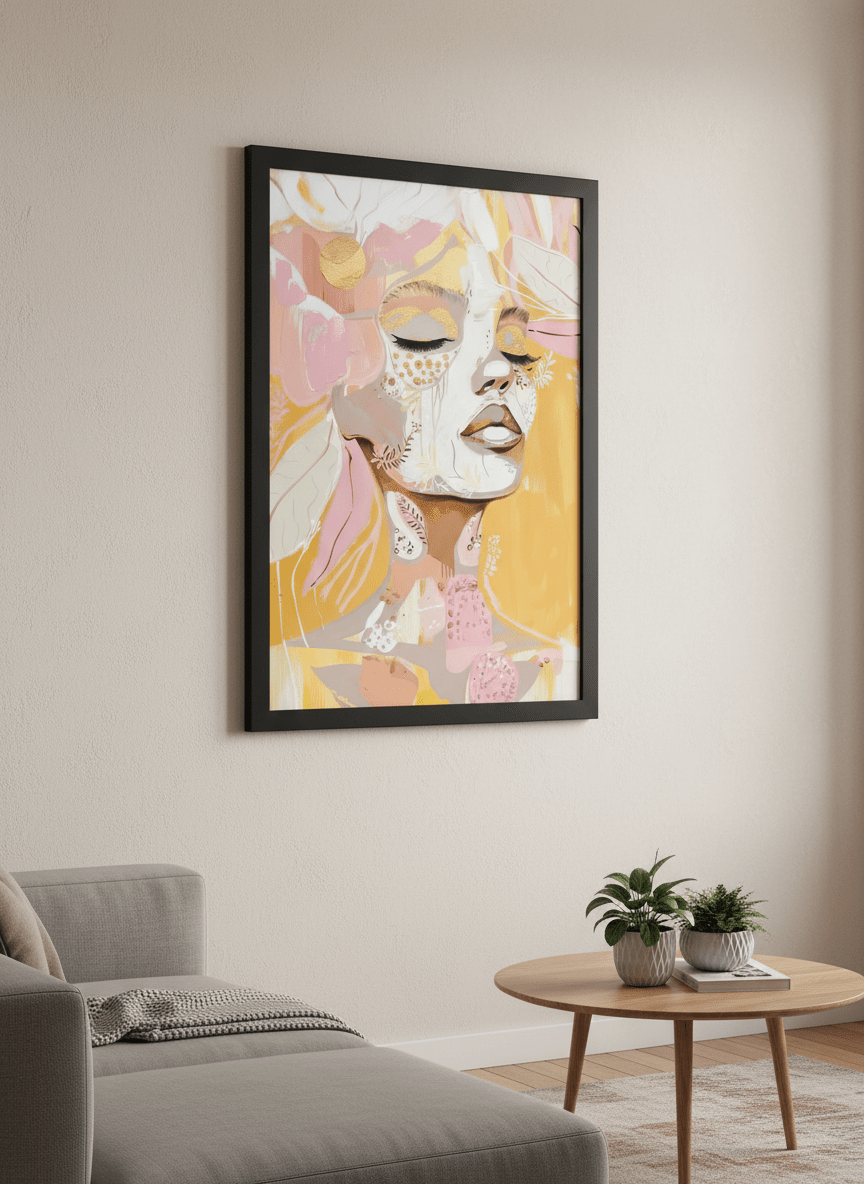Modern wall art styled above a sofa in a neutral living room