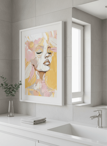 Modern print displayed in a clean minimalist bathroom setting