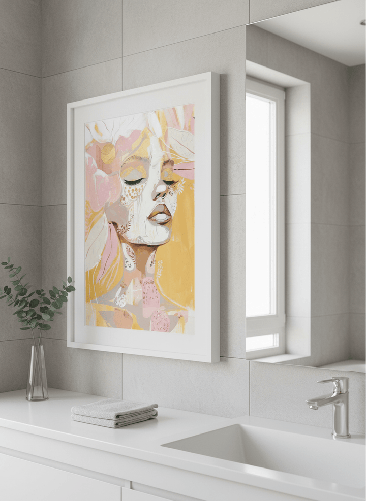 Modern print displayed in a clean minimalist bathroom setting