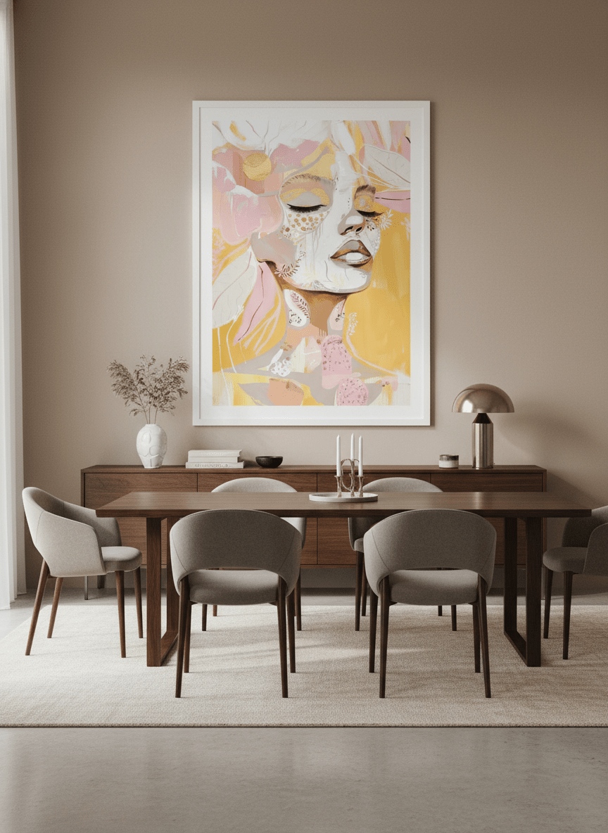 Monumental artwork centred on a feature wall in a luxe interior