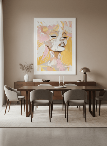 Monumental artwork centred on a feature wall in a luxe interior