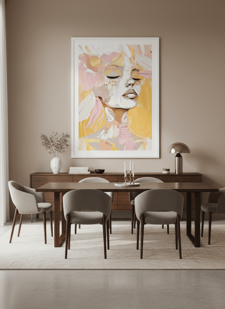 Monumental artwork centred on a feature wall in a luxe interior