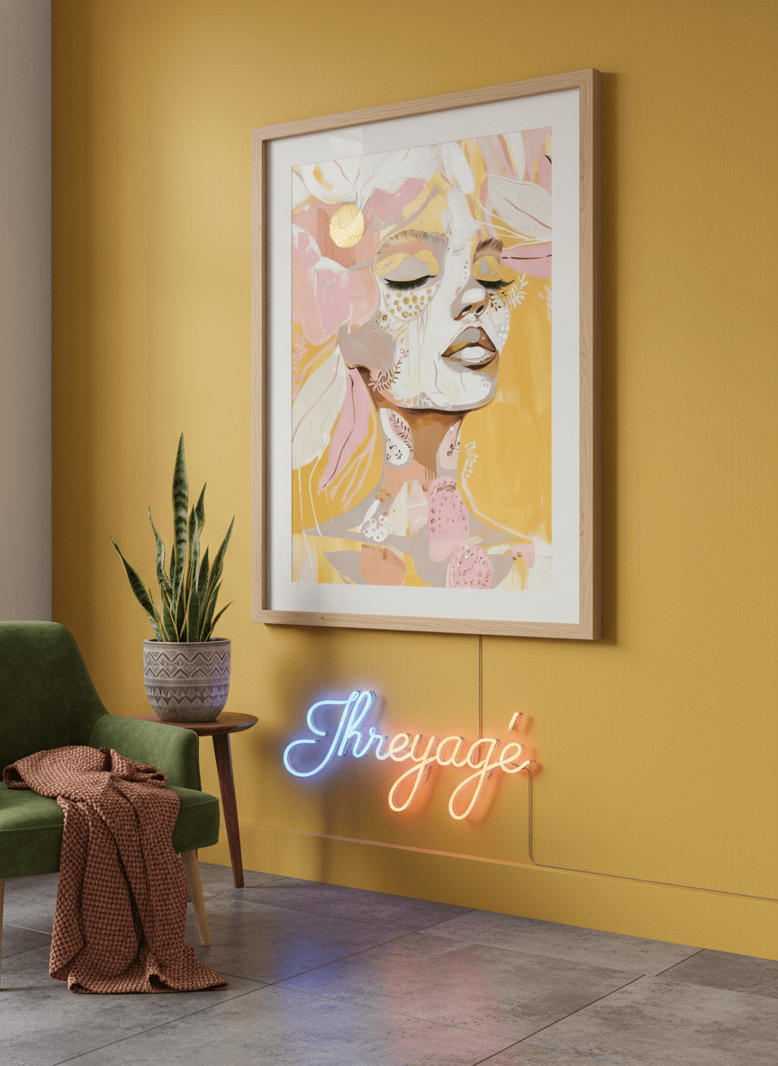 Bold wall art styled in a colourful, eclectic modern home