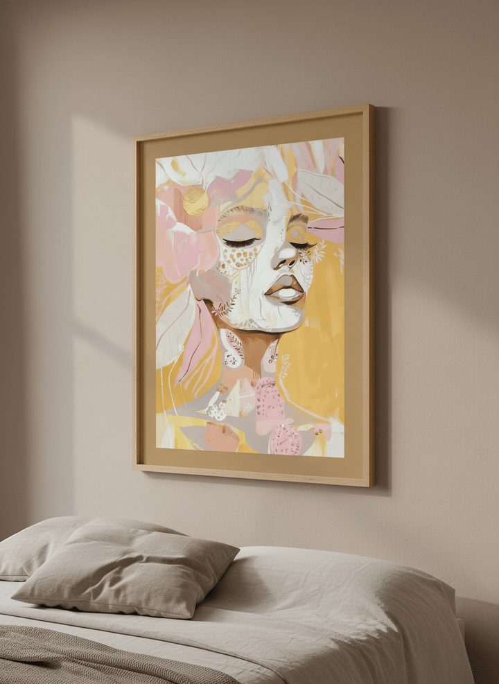 Minimalist artwork displayed in a calm, light-filled bedroom interior