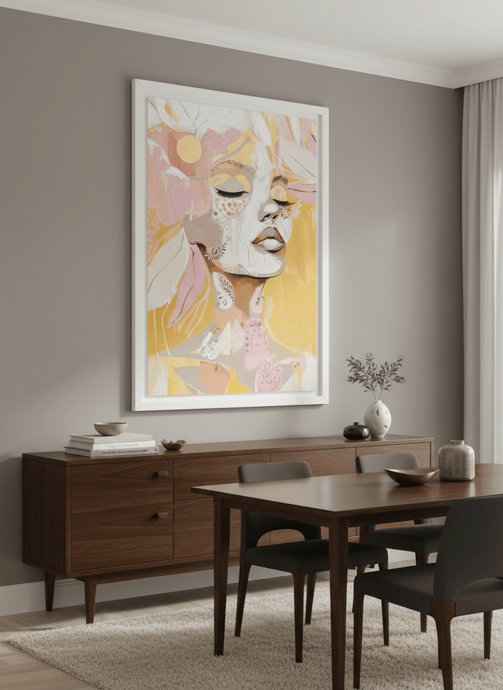 Monumental artwork centred on a feature wall in a luxe interior