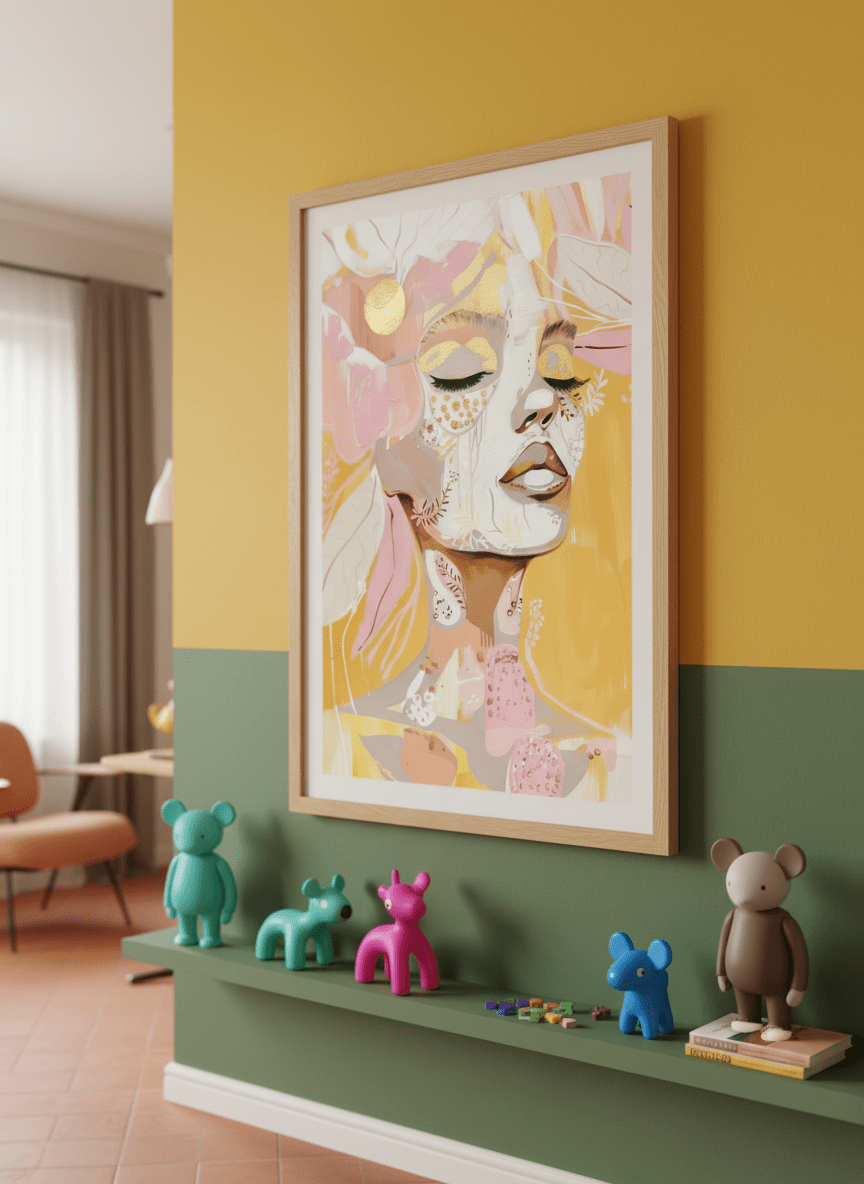 Bold wall art styled in a colourful, eclectic modern home