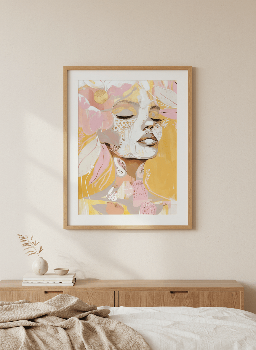 Minimalist artwork displayed in a calm, light-filled bedroom interior