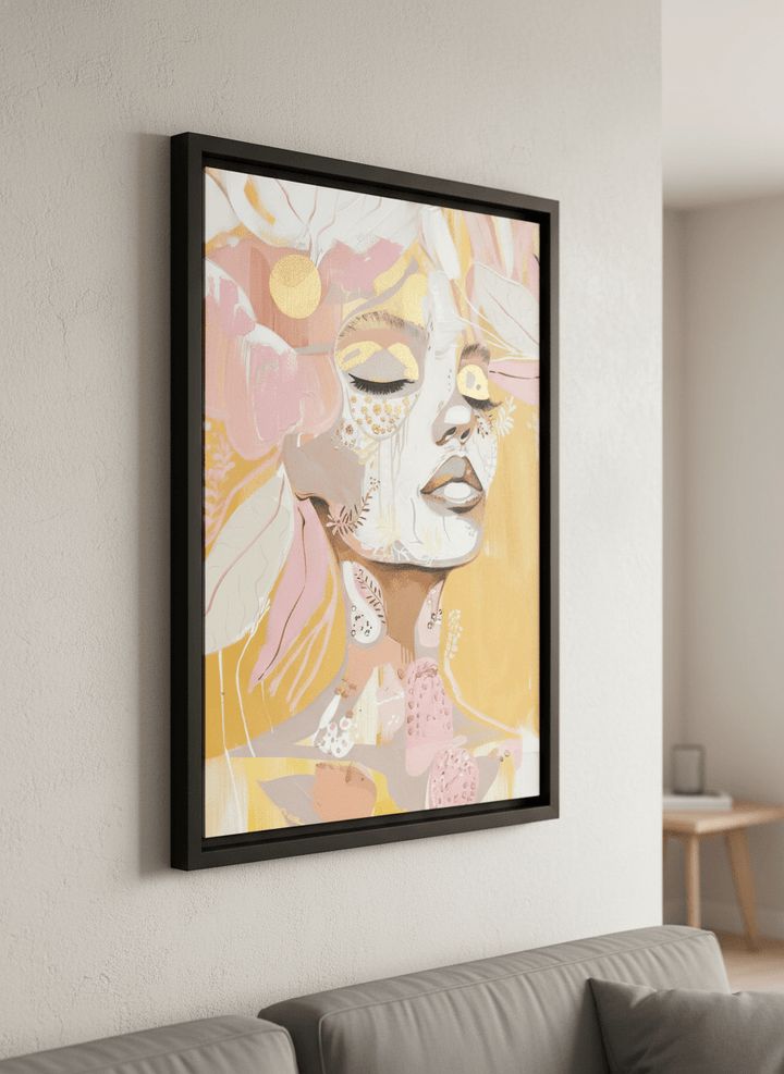 Modern wall art styled above a sofa in a neutral living room