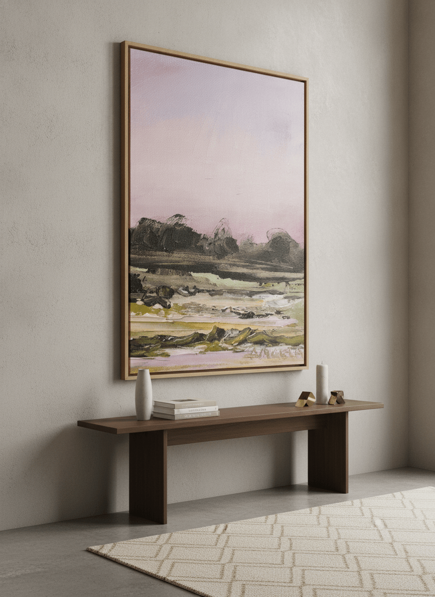 Monumental artwork centred on a feature wall in a luxe interior