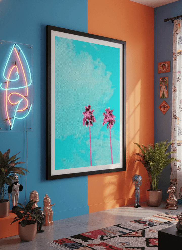 Bold wall art styled in a colourful, eclectic modern home