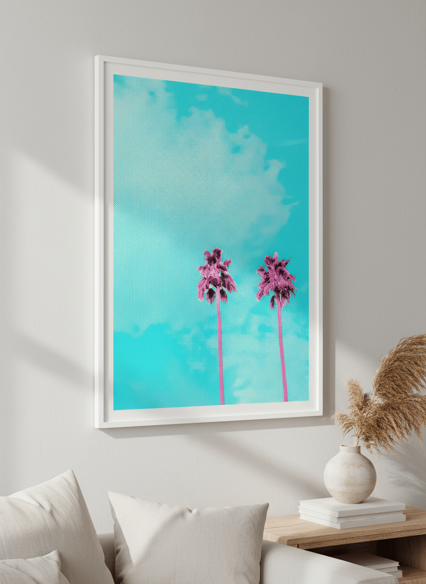 Modern wall art styled above a sofa in a neutral living room