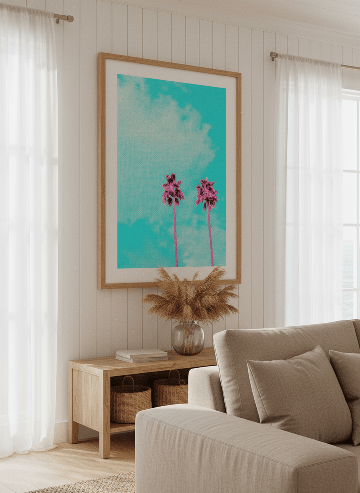 Neutral wall art displayed in a sunny coastal beach house