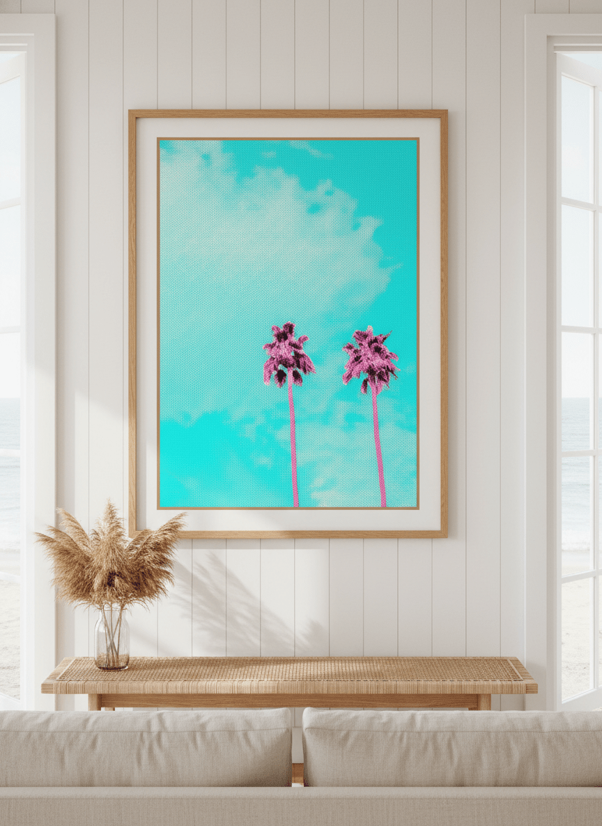 Neutral wall art displayed in a sunny coastal beach house