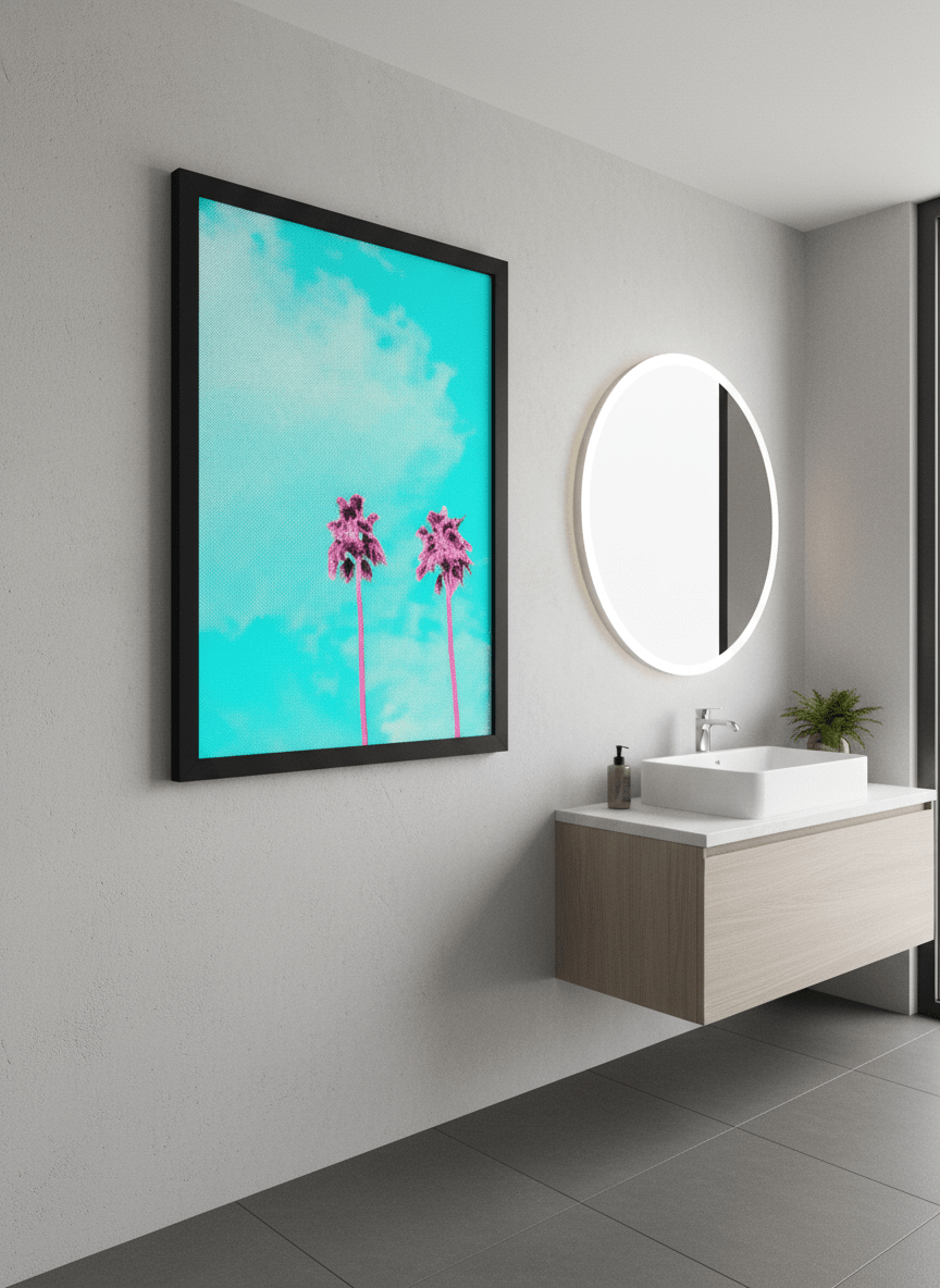 Modern print displayed in a clean minimalist bathroom setting