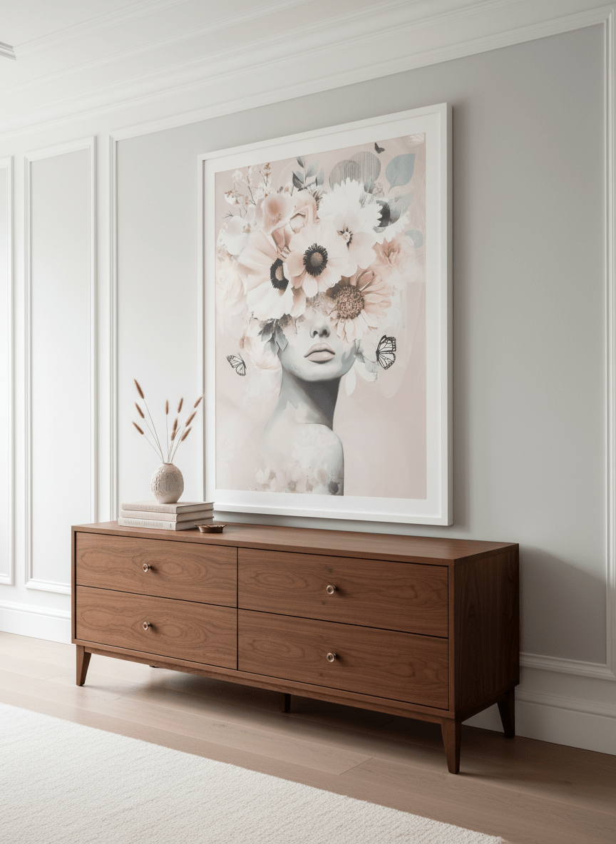 Monumental artwork centred on a feature wall in a luxe interior
