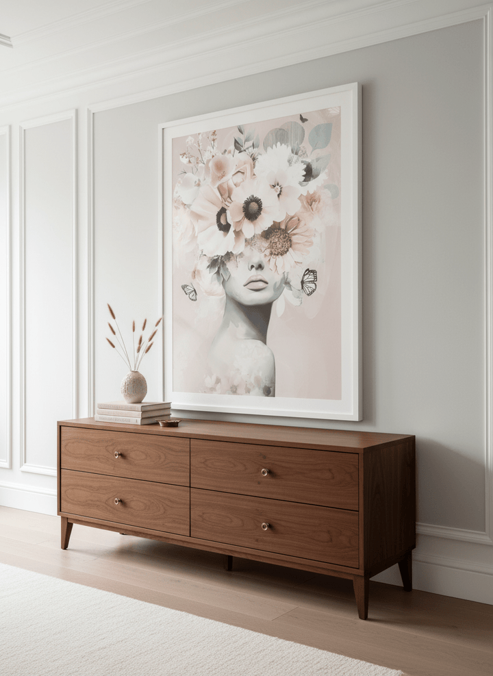 Monumental artwork centred on a feature wall in a luxe interior