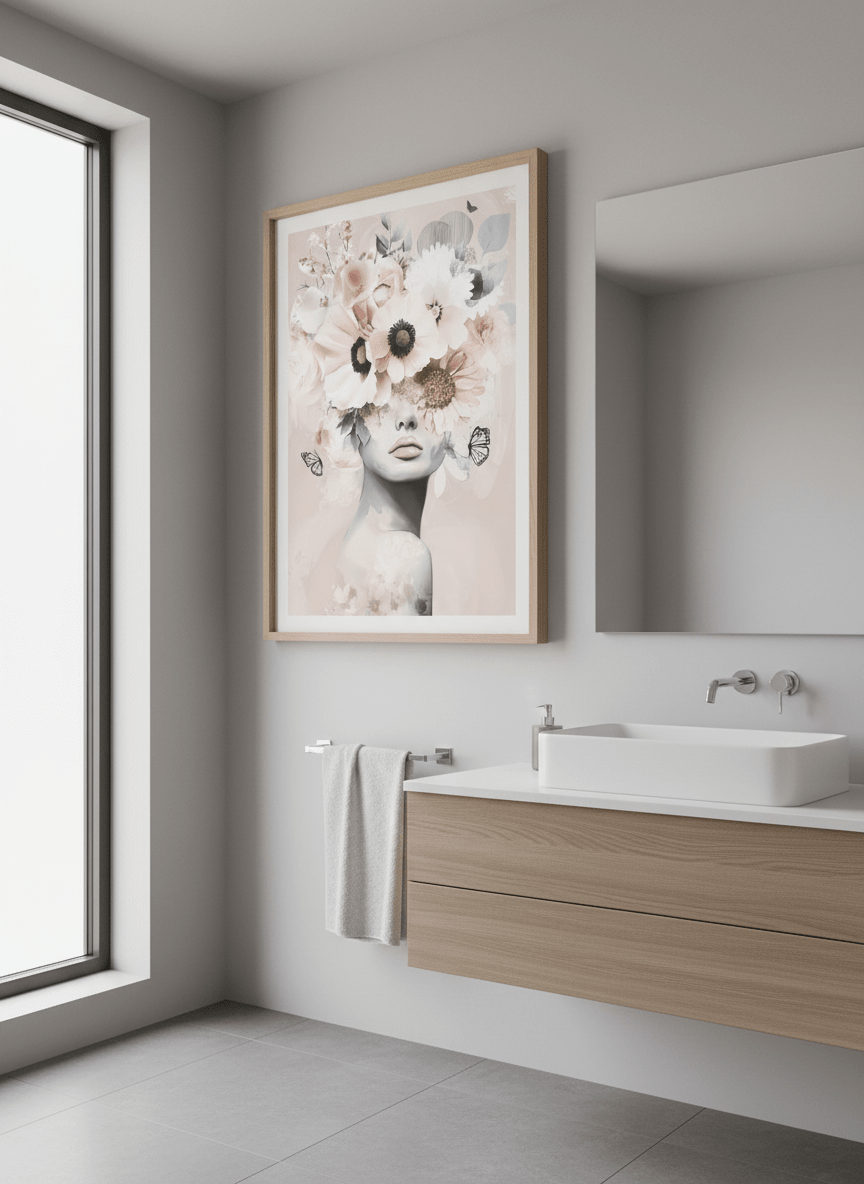 Modern print displayed in a clean minimalist bathroom setting