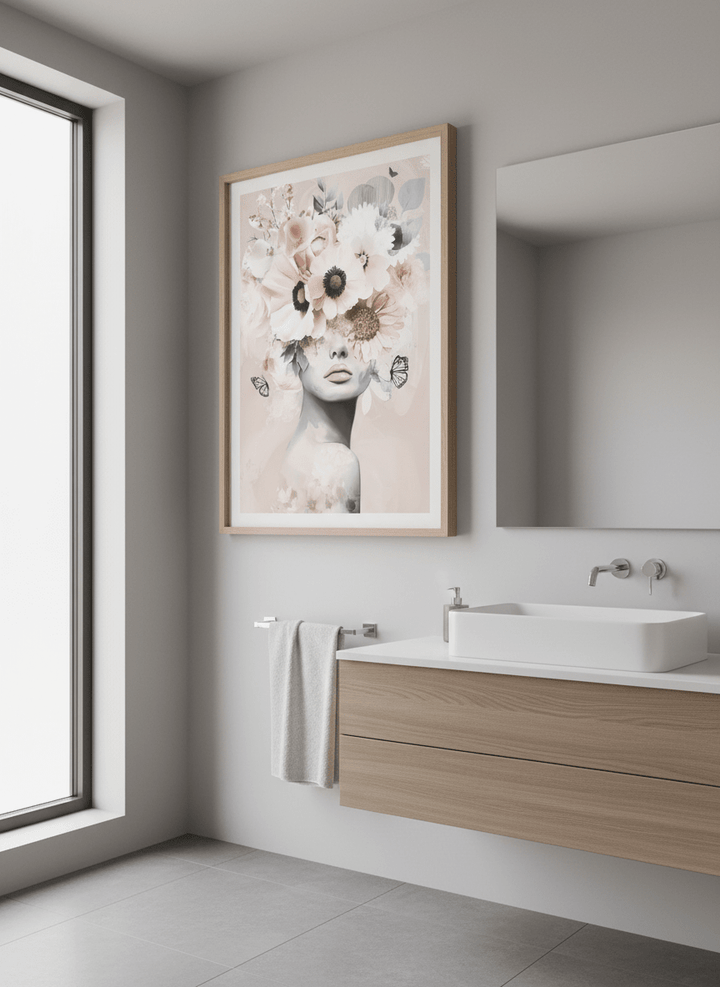 Modern print displayed in a clean minimalist bathroom setting