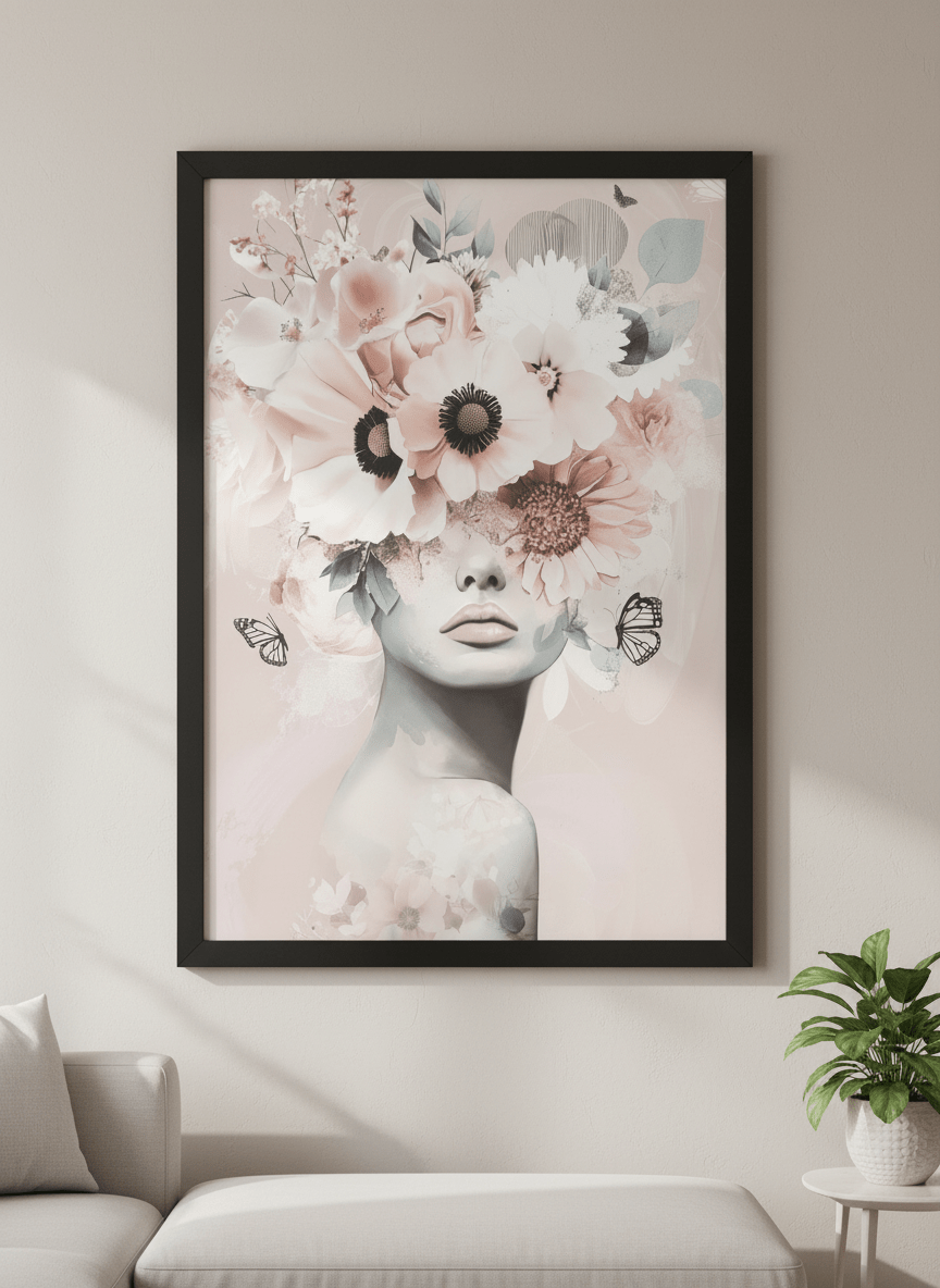 Modern wall art styled above a sofa in a neutral living room
